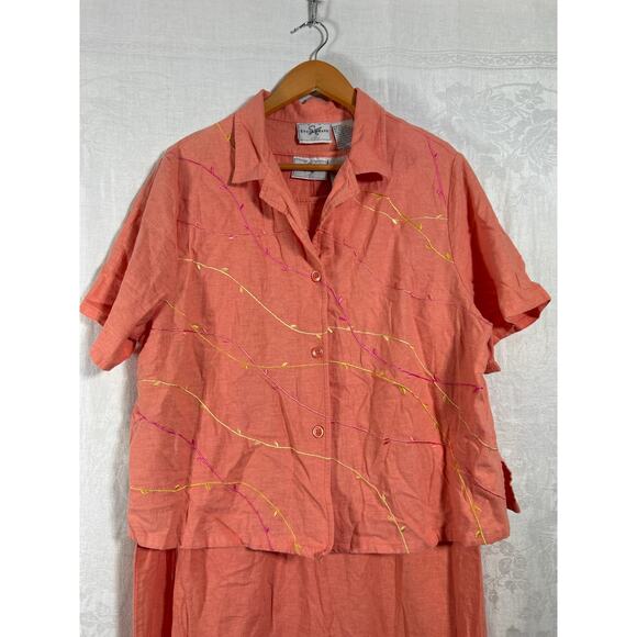 Vintage Dress Set 22W Coral Linen Blend Embroidered Tank Button Up Jacket - Picture 2 of 13